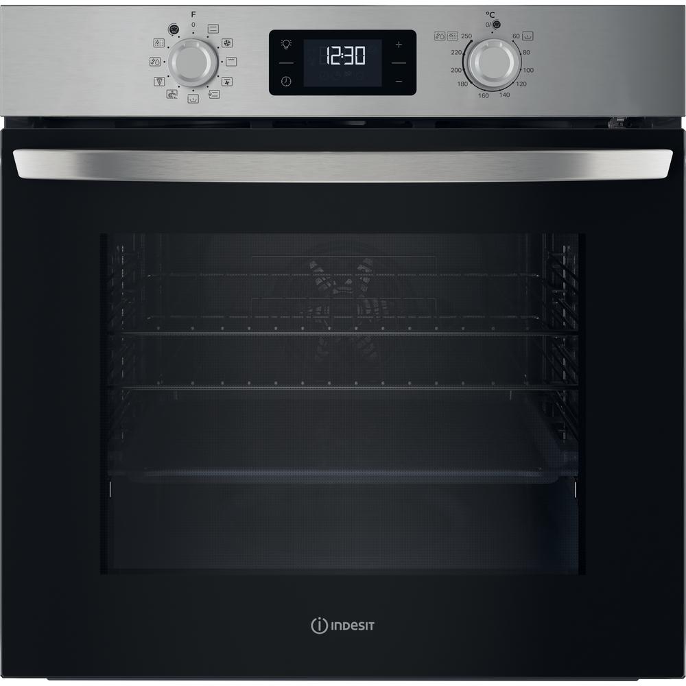 INDESIT Turn&Go Single Fan Oven - Dual Clean (Pyro & Hydro) - Multifunction 8 - 71L With 2 Dial, Digital Display Timer And A Energy In Stainless Steel Model Code IO278P1XUK